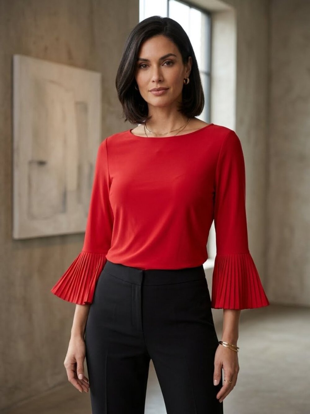 Joseph Ribkoff Red Holiday Boat-Neck Top Blouse Pleated Bell Sleeves Size 12